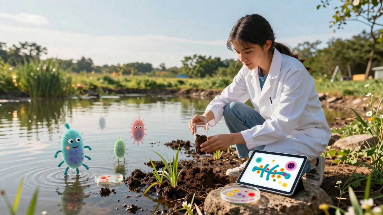Mulher cientista coleta solo perto de lago com ilustrações animadas de microrganismos ao redor.