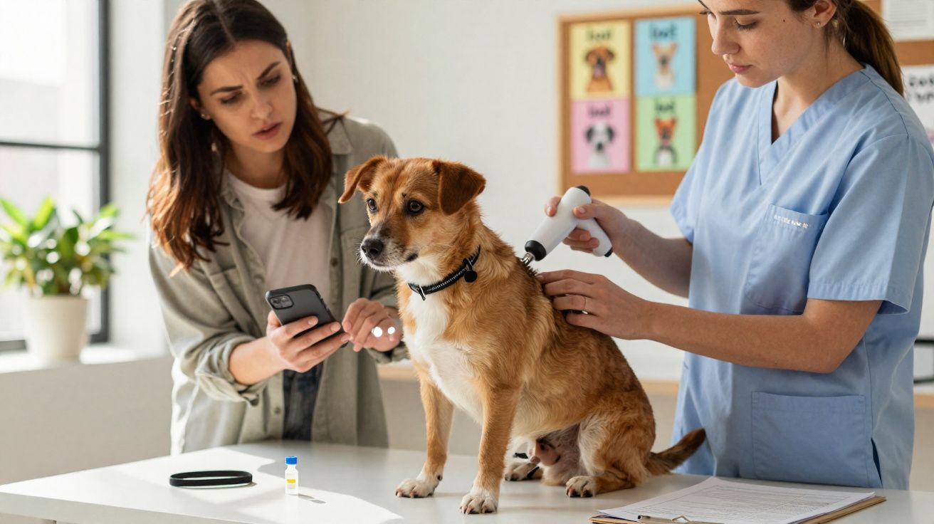 Veterinária aplicando vacina em cachorro enquanto dona acompanha resultado pelo celular.