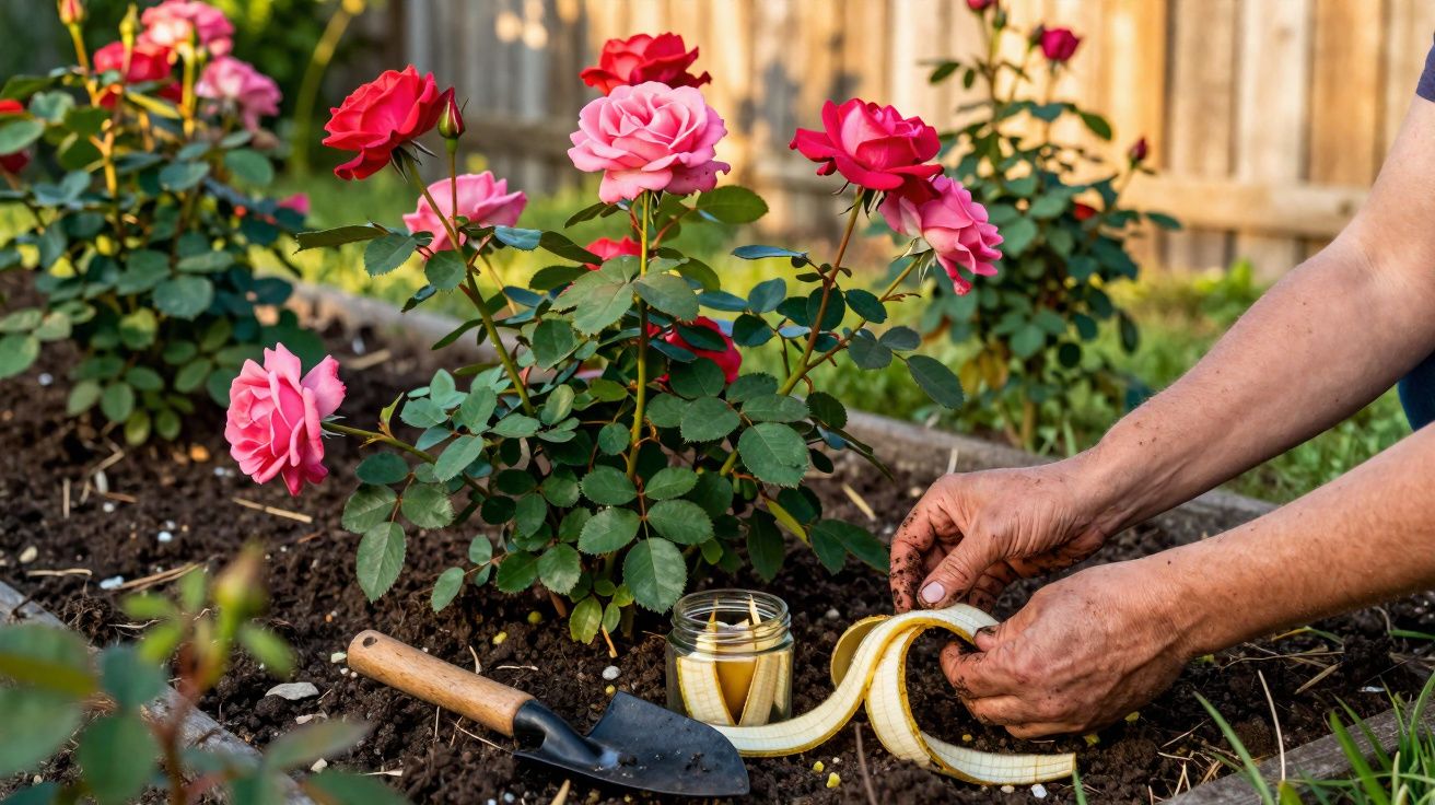 Mãos segurando casca de banana para adubar rosa vermelha em jardim com pá de jardinagem.