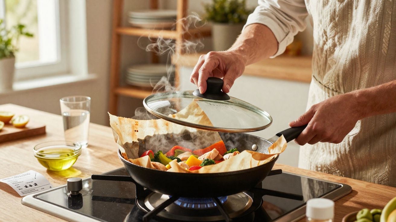 Pessoa tampando frigideira com legumes variados cozinhando no fogão a gás em cozinha iluminada pela luz natural.