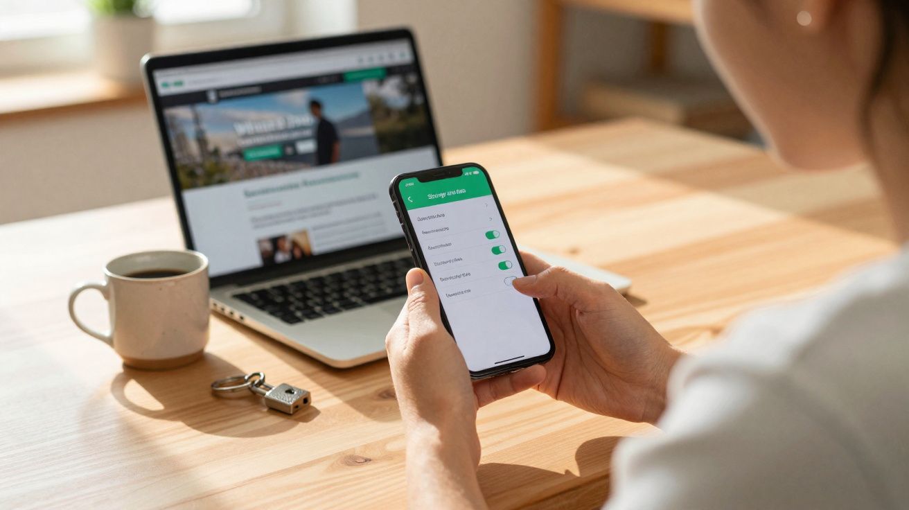 Pessoa usando smartphone com configurações de privacidade abertas, com notebook, xícara e chave sobre mesa de madeira.