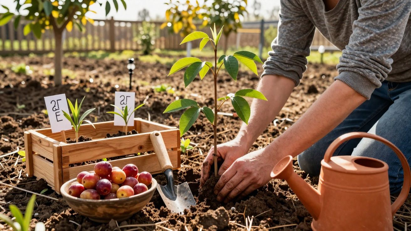 Pessoa plantando muda de árvore em solo fértil com regador, pá, mini mudas e frutas ao lado.
