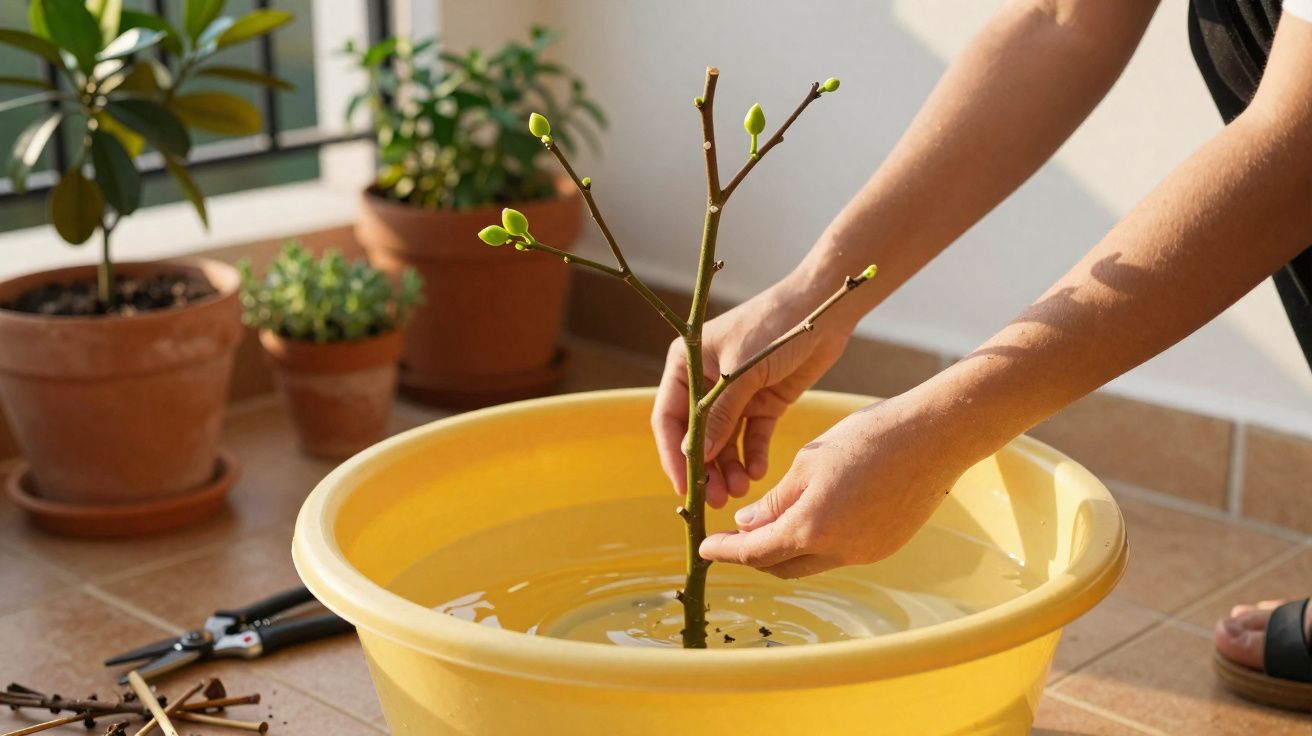 Mãos mergulhando muda de planta com brotos em bacia amarela com água em varanda com vasos ao fundo.