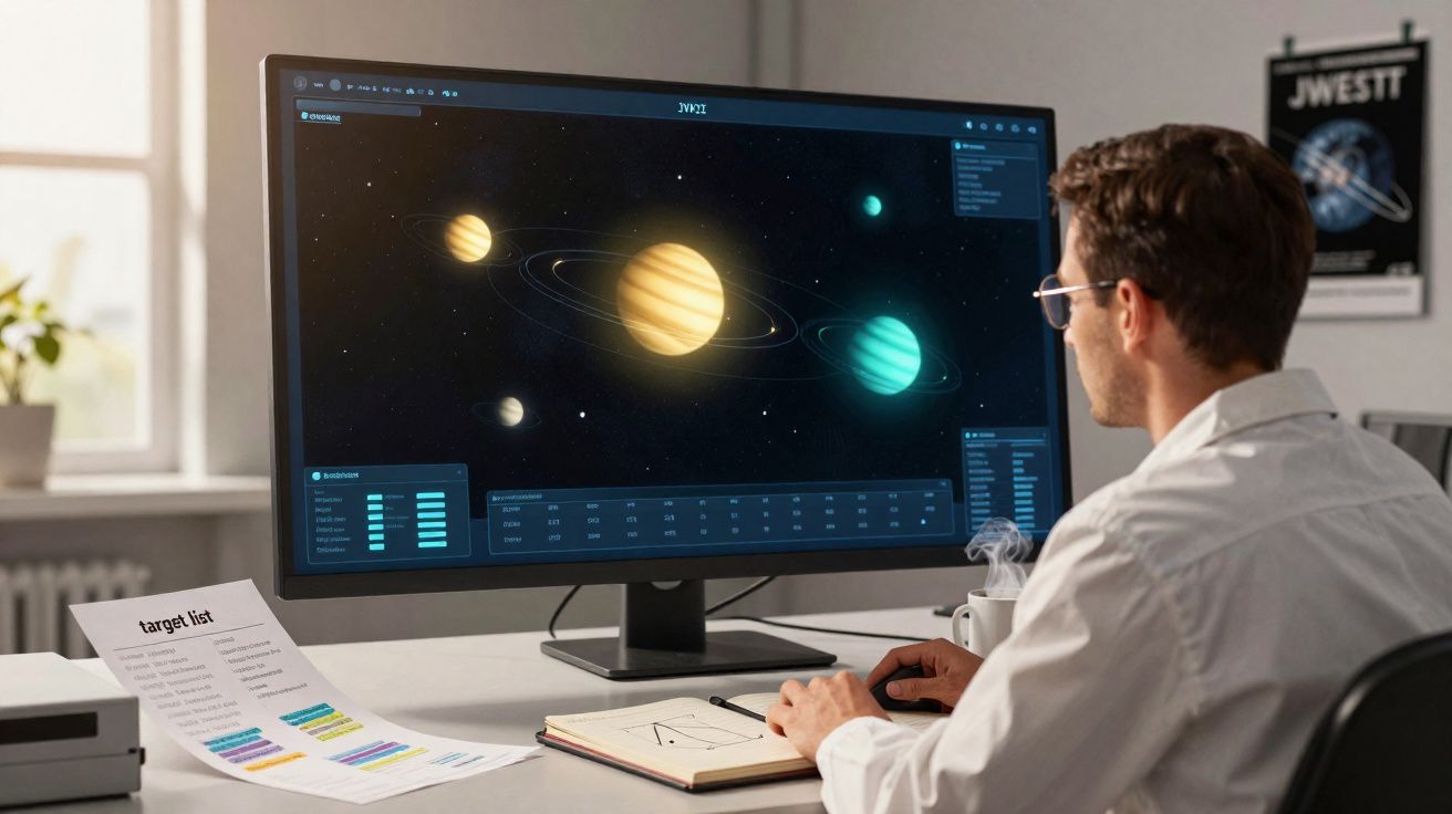 Homem em camisa branca usando computador com simulação do sistema solar na tela em escritório iluminado.
