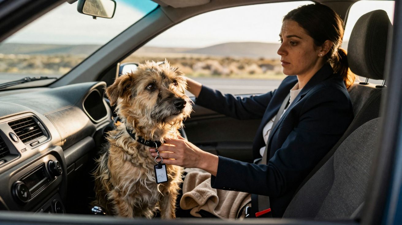 Mulher acariciando cachorro sentado no banco do passageiro dentro de um carro estacionado.