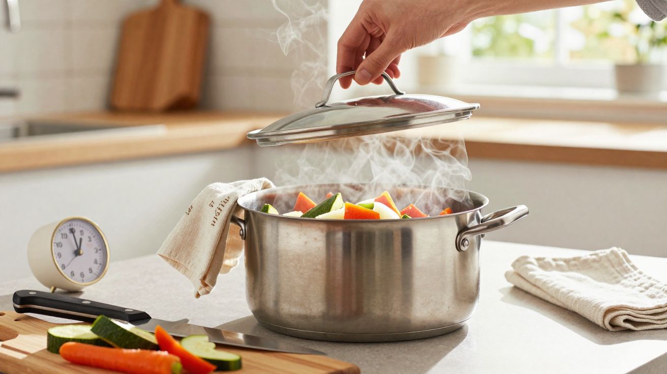 Panela de aço inox com vapor e legumes coloridos sendo tampada à mão em cozinha clara.