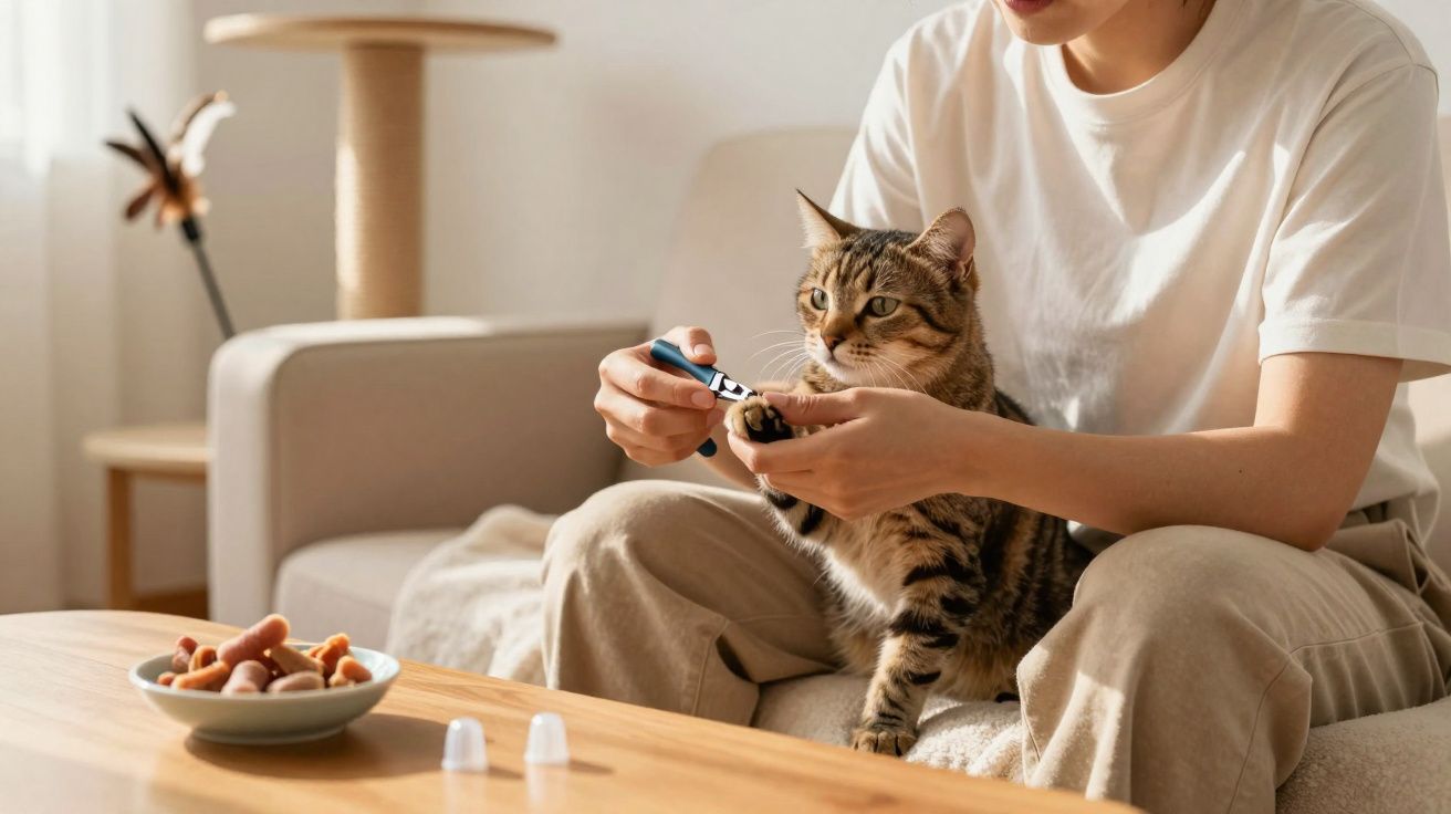 Pessoa aparando as unhas de um gato sentado no colo em uma sala iluminada e aconchegante.
