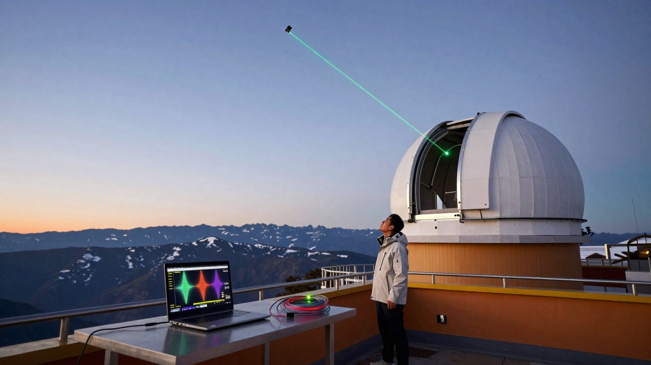 Observatório astronômico com pessoa, telescópio emitindo raio laser e laptop exibindo gráficos ao pôr do sol.