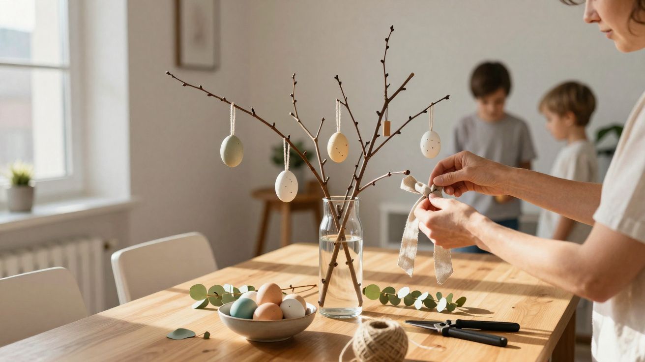 Pessoa decorando galho com ovos de Páscoa enquanto duas crianças brincam ao fundo.