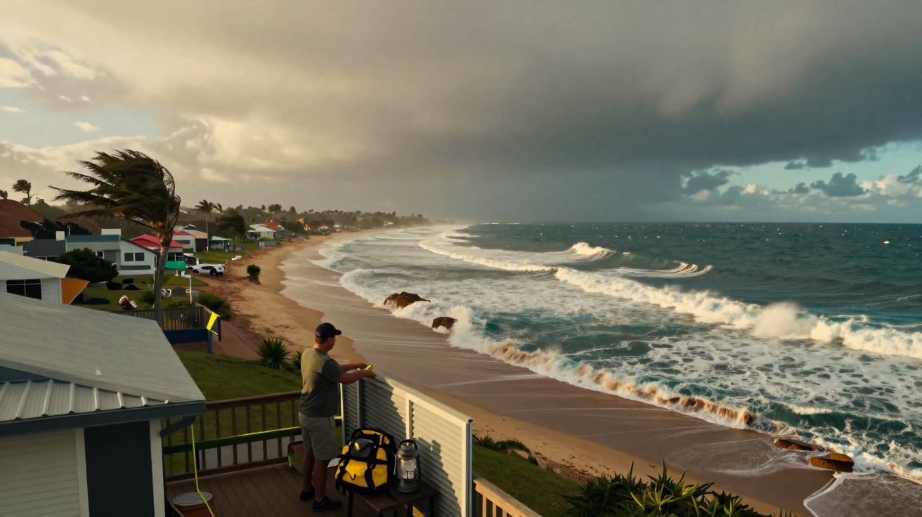 Homem observa ondas agitadas e céu nublado em casa de praia com varanda e árvores ao vento.