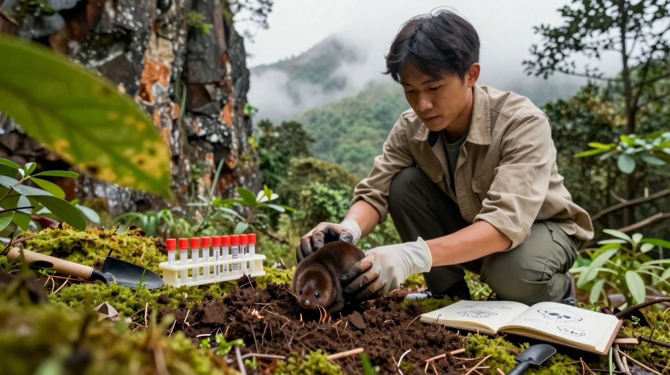 Jovem cientista coleta amostra de animal pequeno no solo de floresta com equipamentos e caderno aberto.