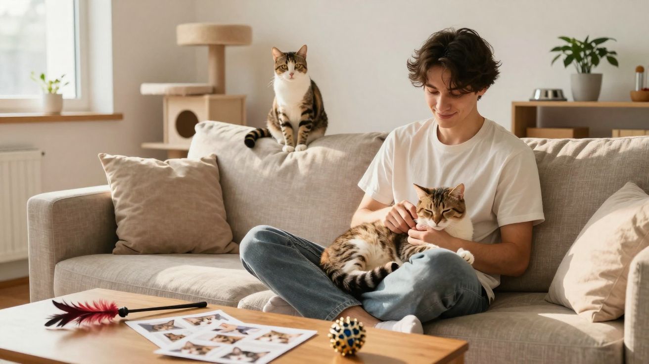 Jovem sentado no sofá acariciando gato no colo, com outro gato observando atrás no encosto.