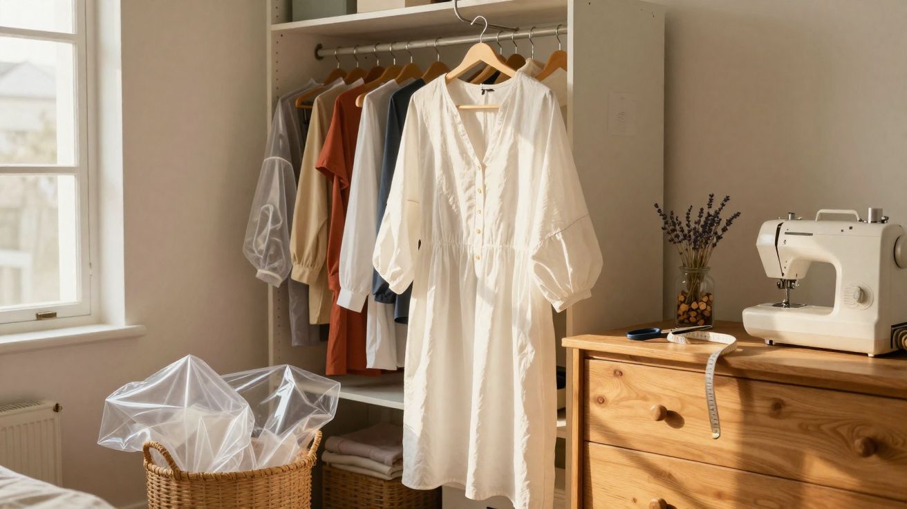 Quarto com roupas penduradas, vestido branco à frente, máquina de costura e cesta com plástico próximo à janela.