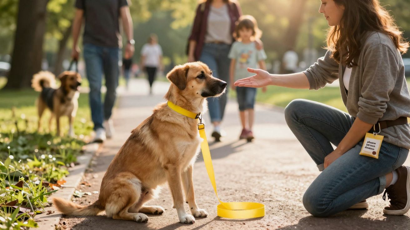 Mulher ajoelhada treinando cachorro com guia amarela em parque durante passeio.