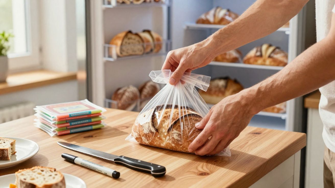Pessoa embalando pão artesanal em saco plástico em mesa de madeira com mais pães ao fundo.