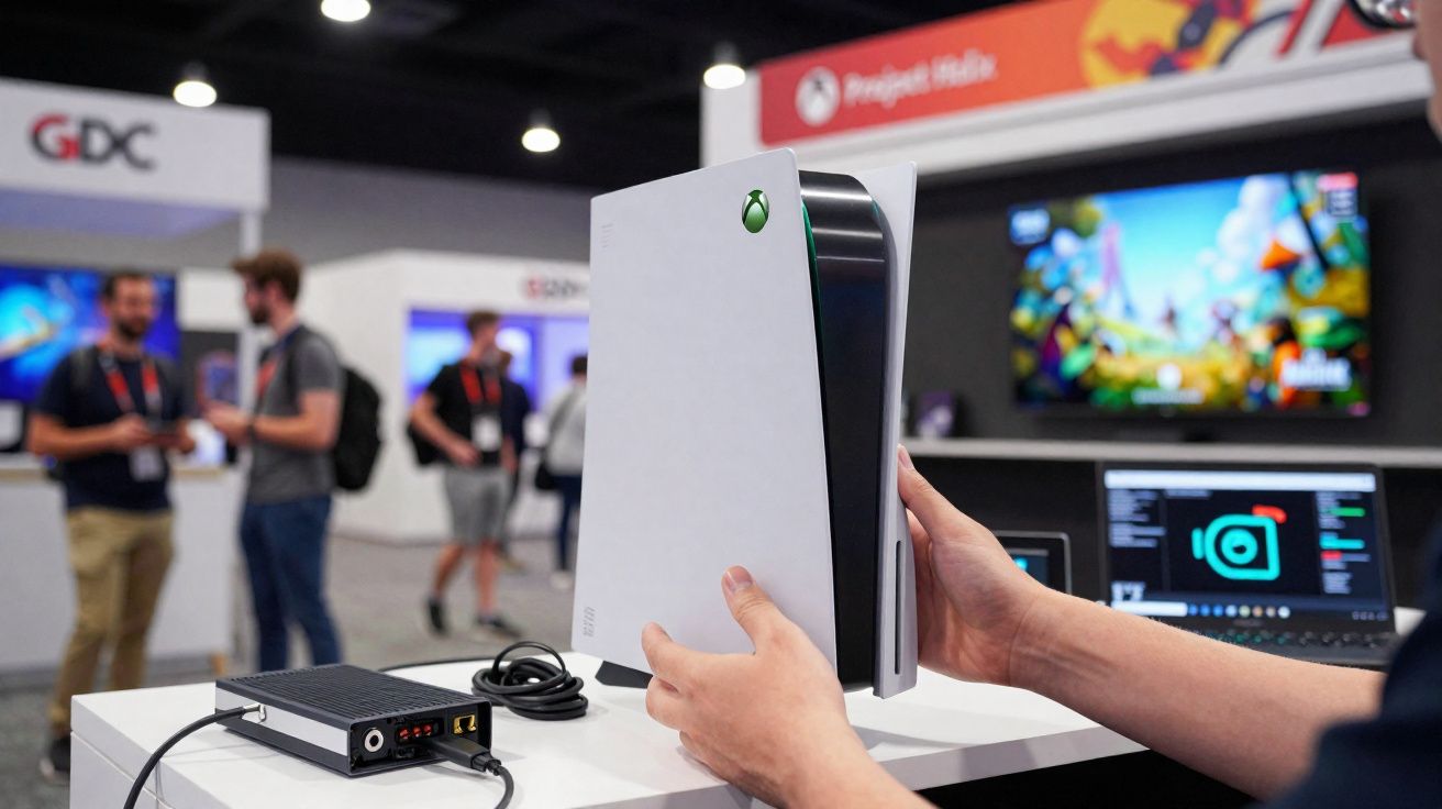 Mãos segurando um console Xbox Series X em um evento com pessoas e telas ao fundo.