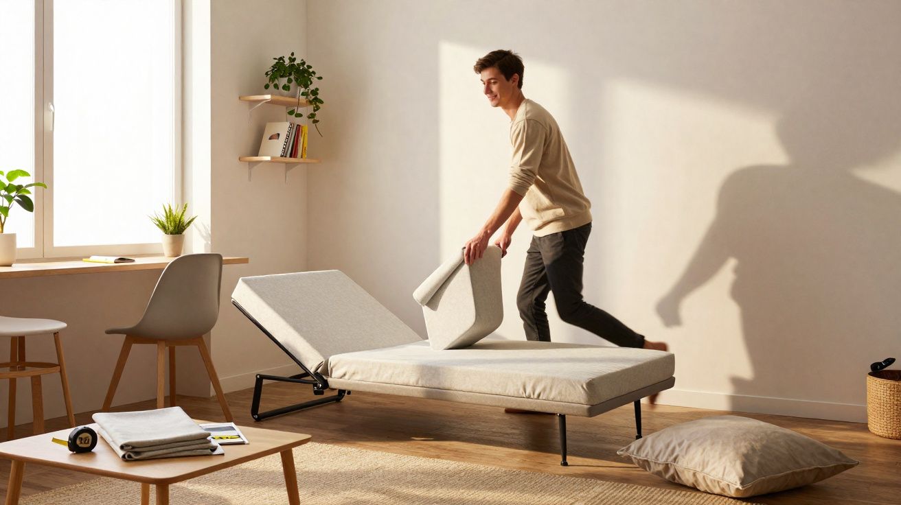 Jovem arrumando colchão em sofá-cama em sala de estar iluminada com móveis modernos e plantas.