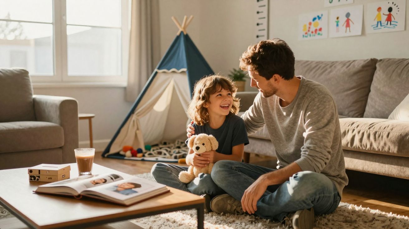 Pai e filho sorrindo sentados no chão da sala com brinquedo e cabana de tecido ao fundo.