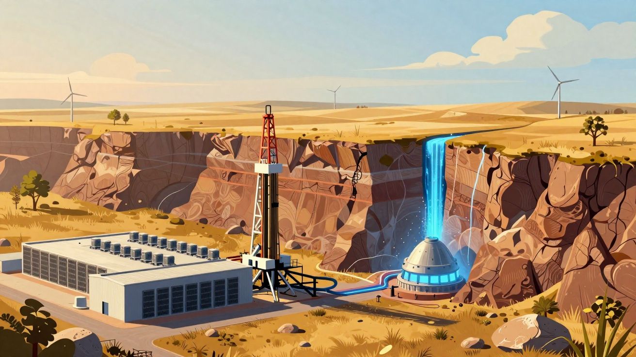 Ilustração de usina geotérmica em área desértica com cachoeira e turbinas eólicas ao fundo.