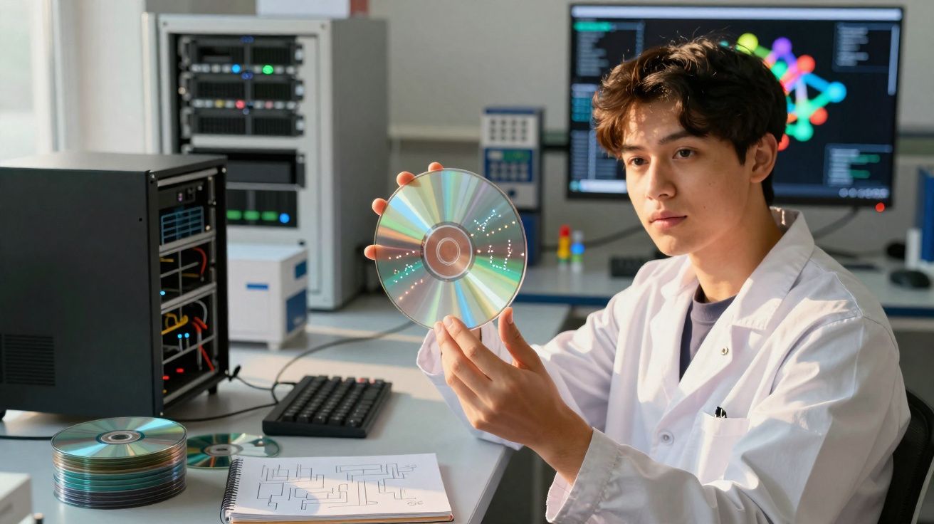 Jovem cientista em jaleco analisa disco óptico em laboratório com computadores e anotações.