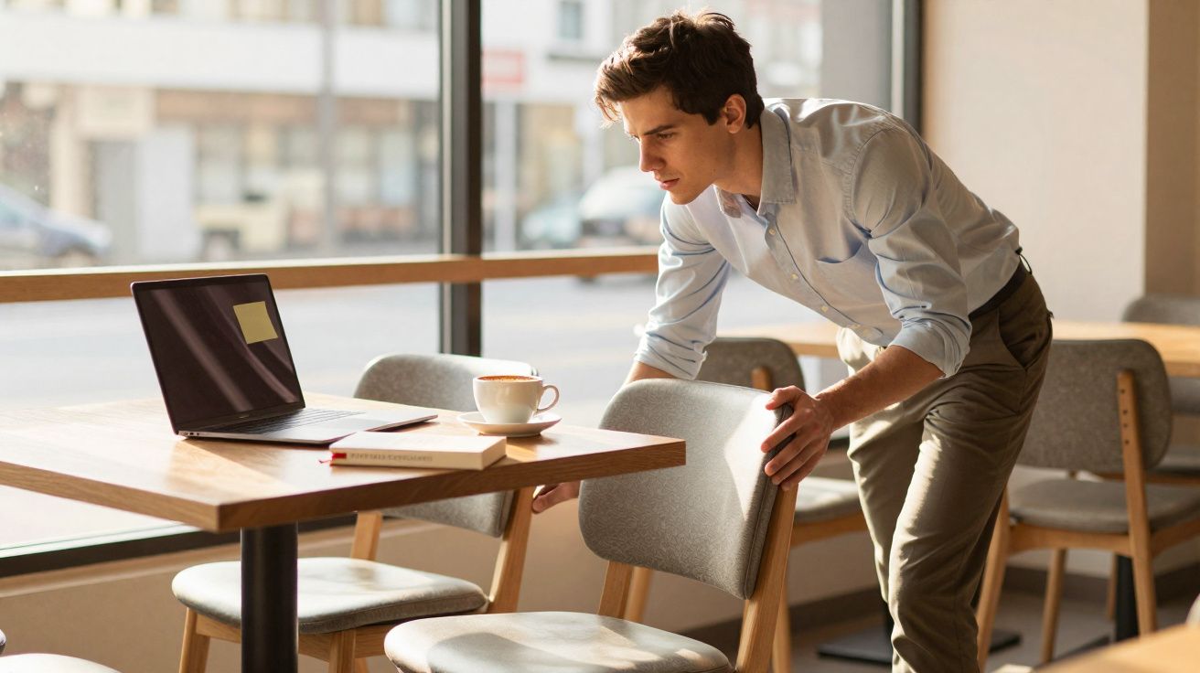 Homem organizando cadeira em cafeteria com laptop, livro e xícara sobre a mesa perto da janela.