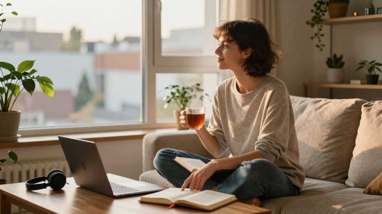 Mulher sentada no sofá com xícara de chá, laptop e livros, olhando pela janela em ambiente aconchegante.