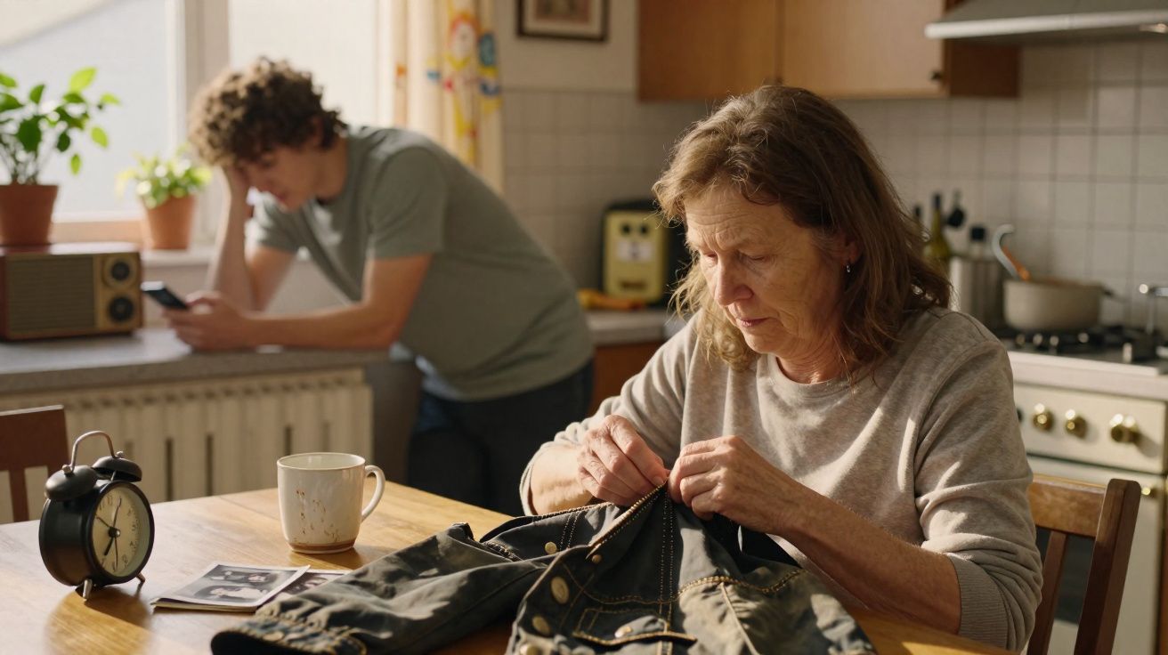 Mulher mais velha costurando jaqueta em mesa de cozinha, jovem ao fundo usando celular encostado na janela.