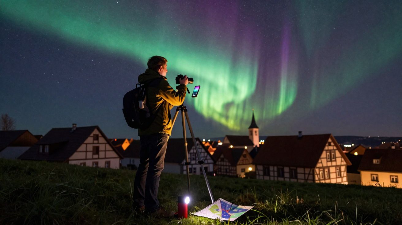 Homem fotografando aurora boreal sobre vilarejo durante noite estrelada, com câmera em tripé e lanterna no chão.
