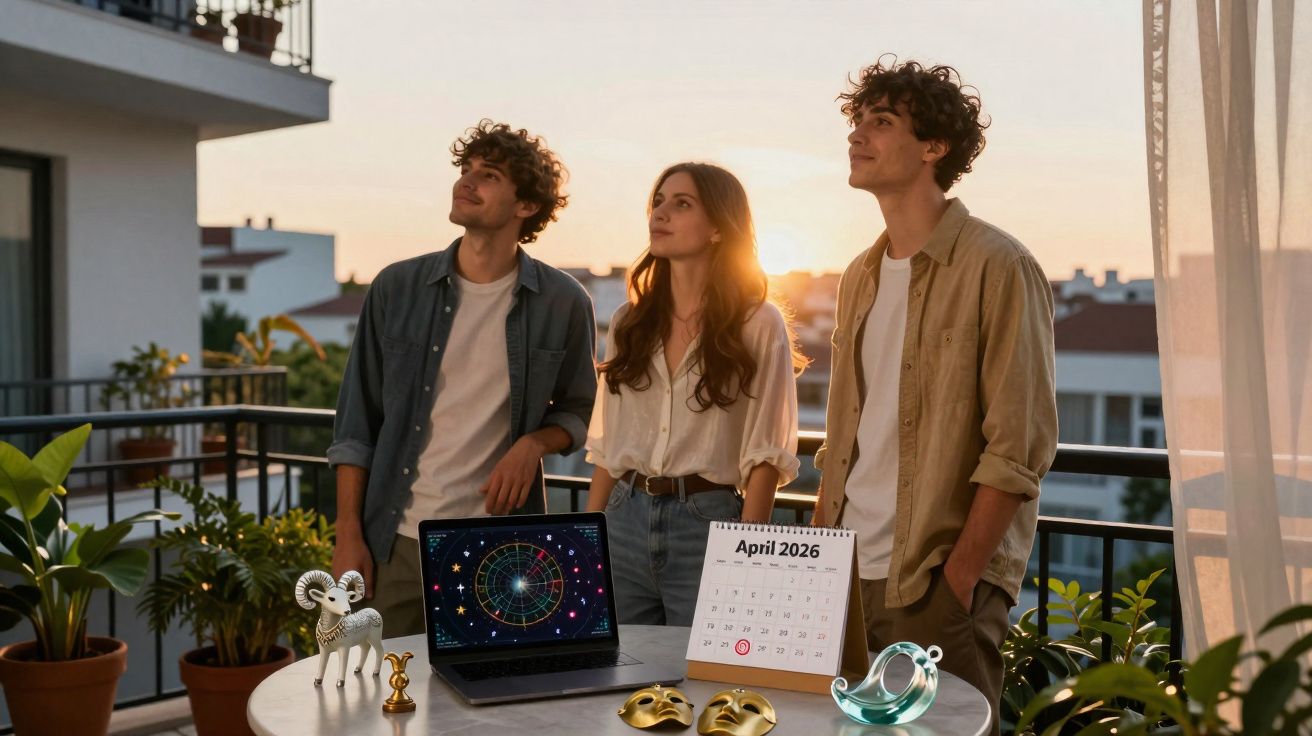 Três jovens observam o pôr do sol em uma varanda com mesa, laptop, calendário e objetos decorativos.