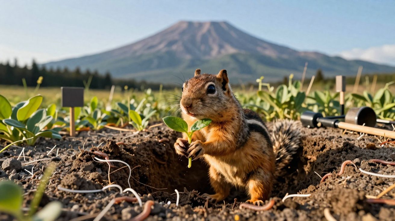 Esquilo segurando planta na boca saindo de toca com montanha desfocada ao fundo em campo agrícola.