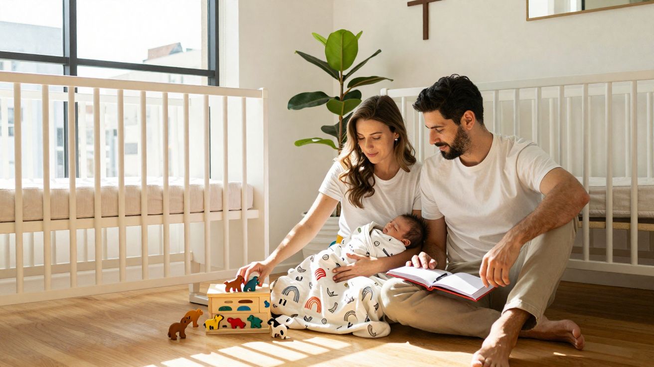 Casal sentado no chão do quarto do bebê com criança nos braços e brinquedos ao redor.