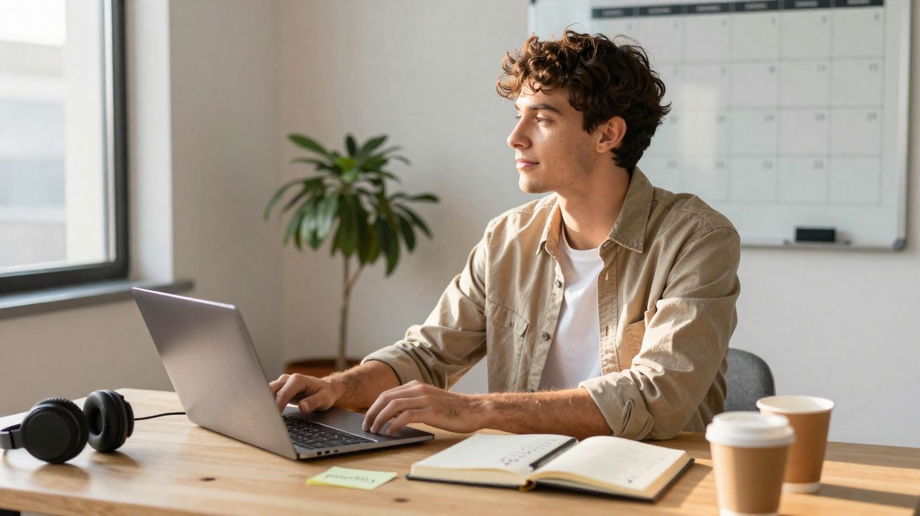 Jovem trabalhando em laptop em mesa com caderno, fones e copos de café, olhando pela janela.