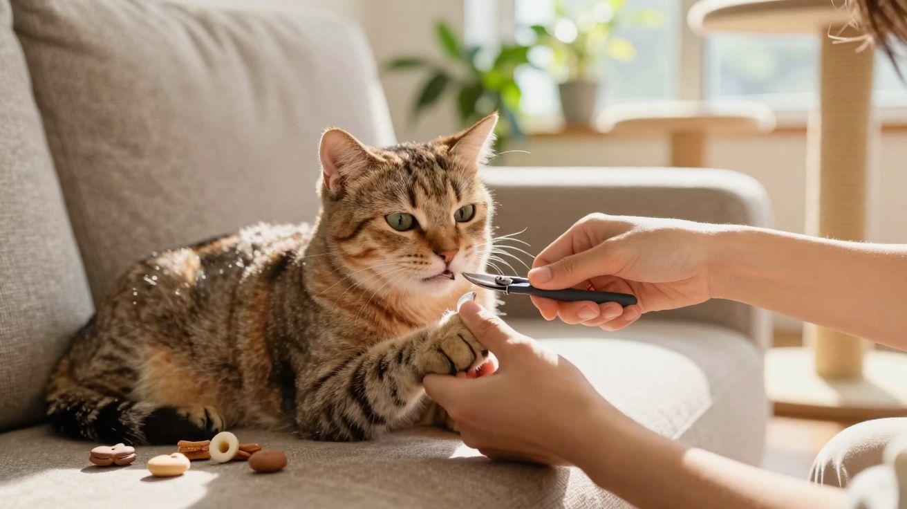 Pessoa cortando as unhas de um gato marrom claro deitado em sofá cinza, luz natural entrando pela janela.