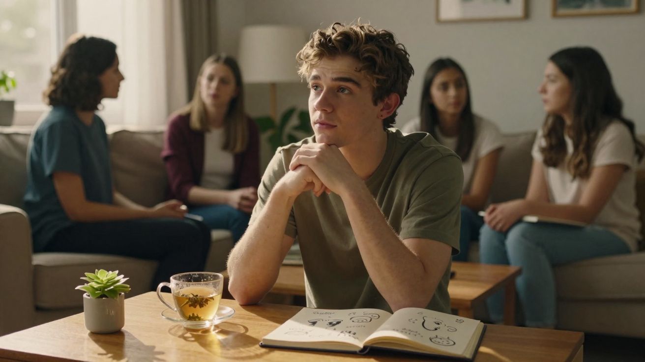 Jovem sentado à mesa com livro aberto, refletindo, enquanto três pessoas conversam ao fundo em uma sala iluminada.