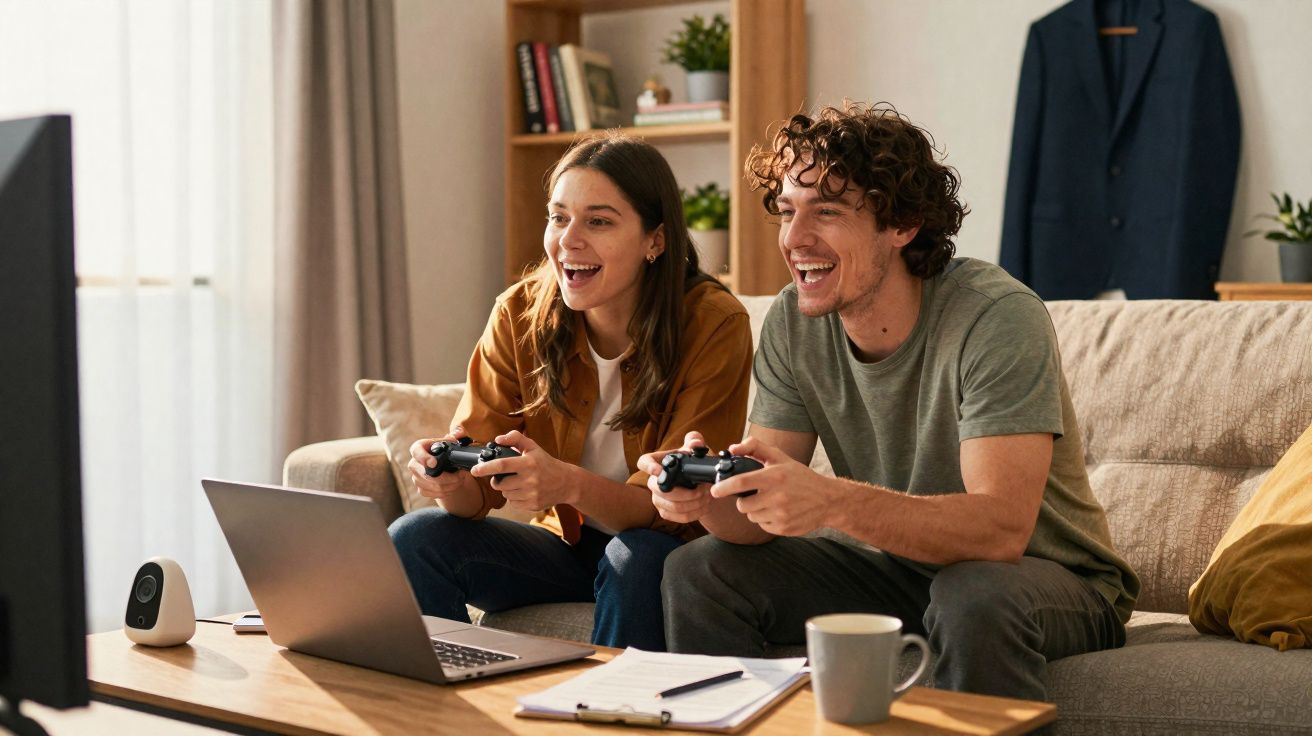 Casal jovem sorrindo jogando videogame com controles em mãos no sofá de casa.
