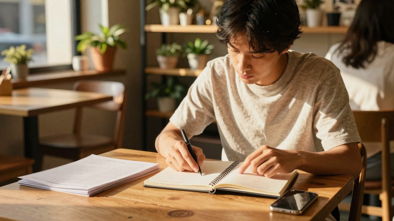 Jovem concentrado escrevendo em caderno em mesa de madeira, com celular e folhas ao lado, em ambiente iluminado.