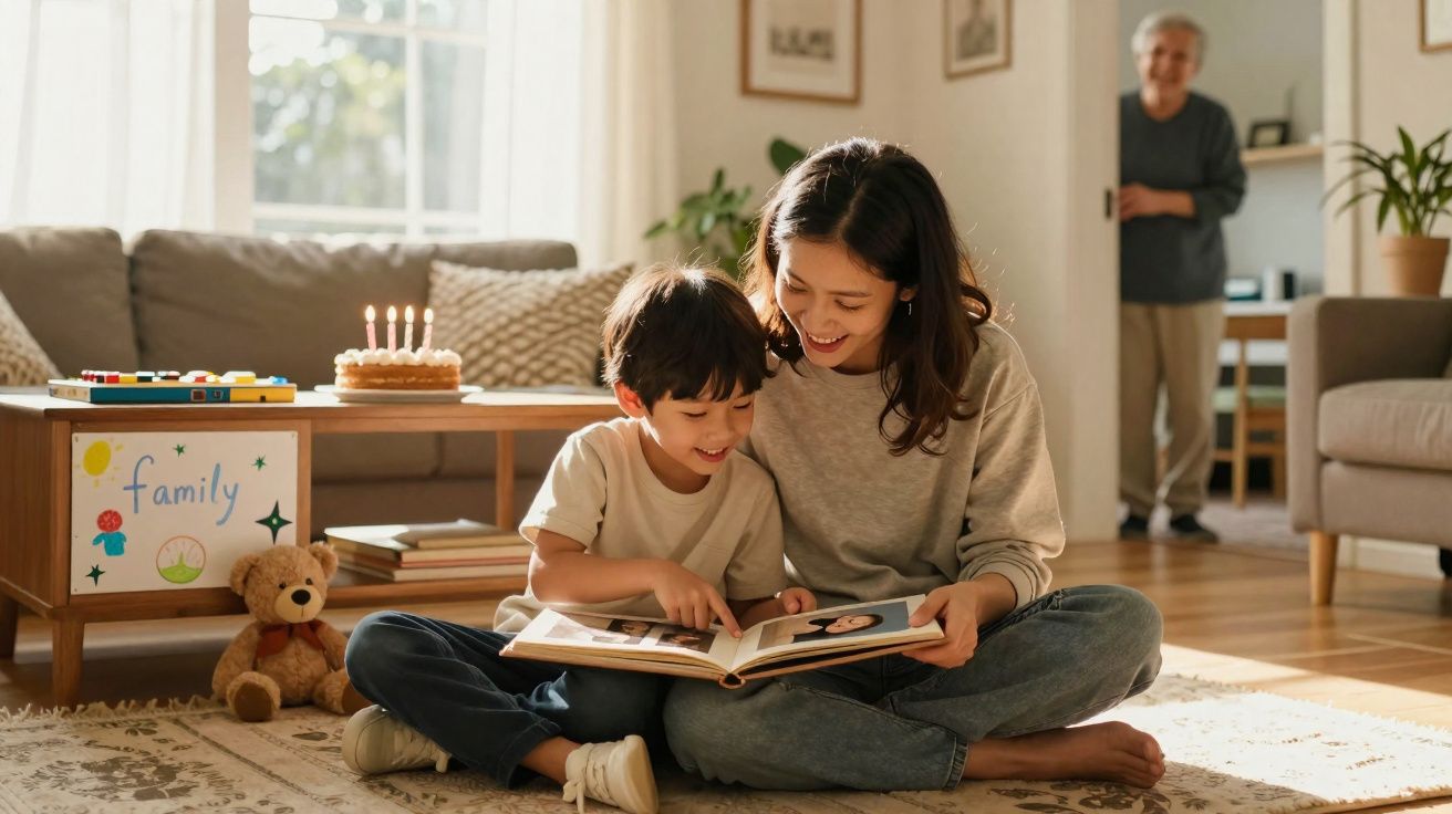 Mulher e menino sentados no chão lendo livro, bolo de aniversário e idoso ao fundo em sala iluminada.