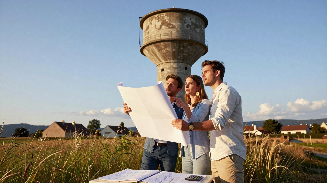 Três engenheiros analisam plantas em campo, com torre de água e casas ao fundo em área rural ao entardecer.
