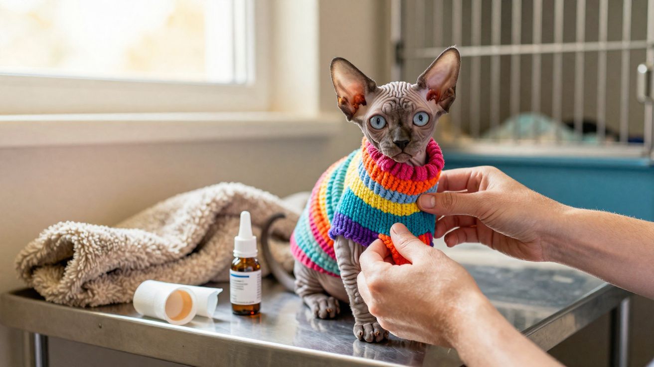 Gato Sphynx com suéter colorido sendo vestido por mãos humanas em mesa metálica com remédios.