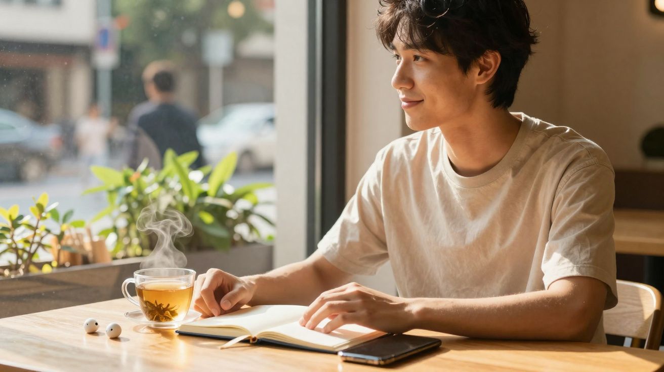 Jovem sentado em cafeteria lendo livro, com xícara de chá fumegante e fones sem fio na mesa.