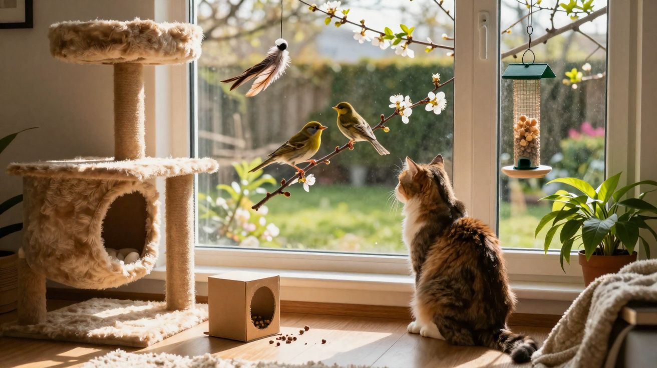 Gato observando dois pássaros em galho florido próximo a casa de gato e comedouro na janela.