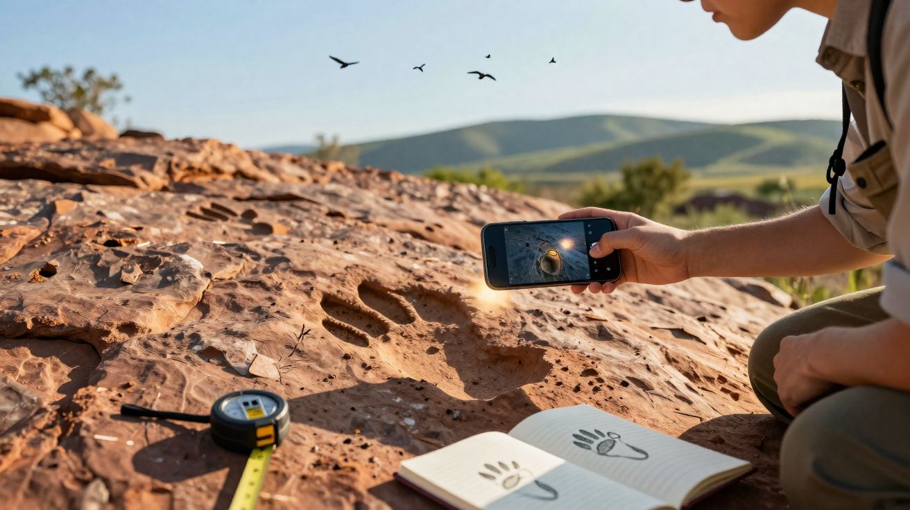 Pessoa fotografando pegada fóssil em rocha com caderno e trena ao lado em área aberta.