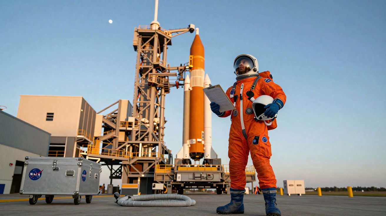 Astronauta com traje laranja segurando capacete em plataforma com foguete da NASA ao fundo.
