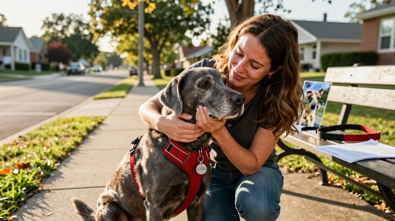 Mulher carinhosa abraça cachorro cinza de coleira vermelha em parque urbano ensolarado.