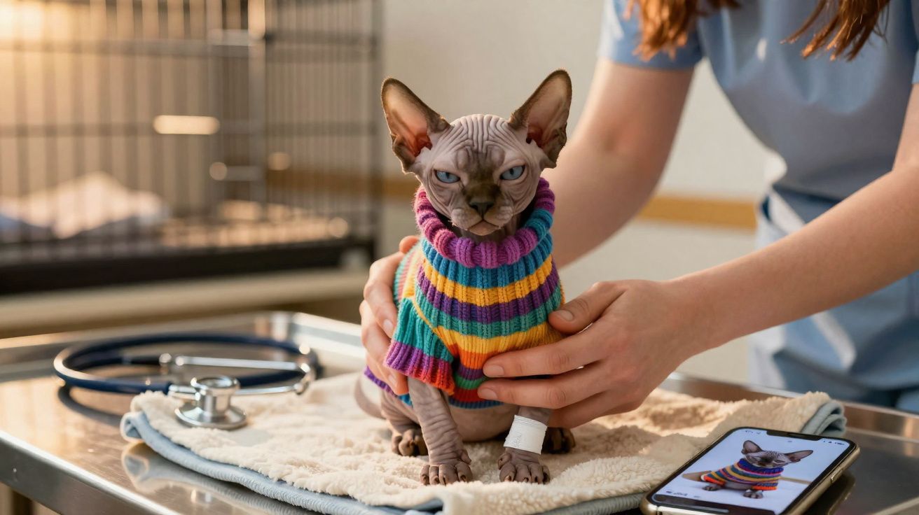 Gato Sphynx vestido com suéter colorido sendo examinado por veterinária em clínica.