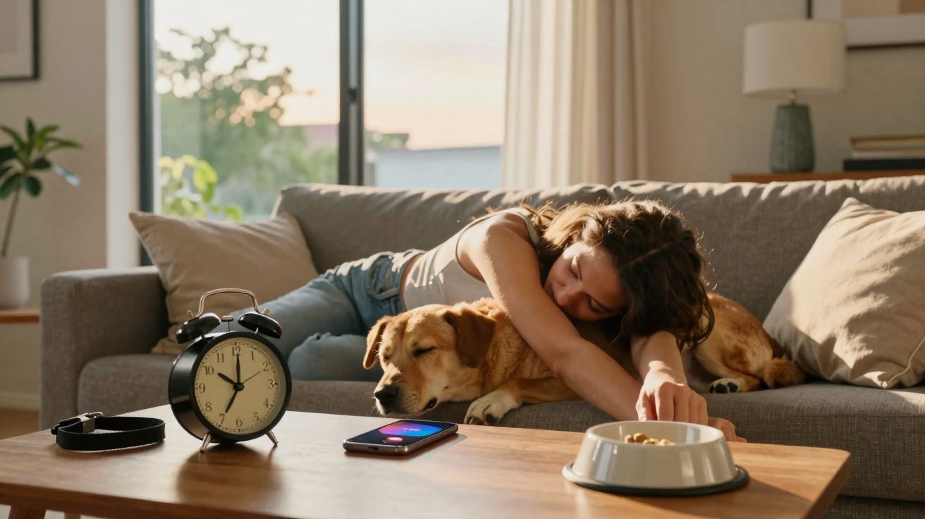 Mulher abraça cachorro deitado no sofá, com relógio, celular e tigela de ração na mesa de madeira.