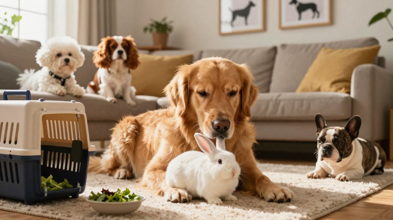 Cachorros de diversas raças e um coelho branco juntos em sala com sofá e quadros decorativos.