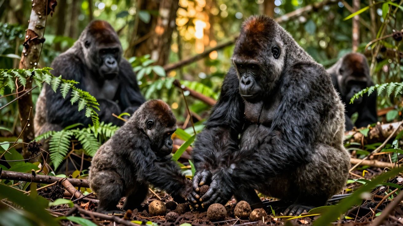 Grupo de gorilas em floresta, incluindo um filhote interagindo com um adulto entre folhas e galhos.