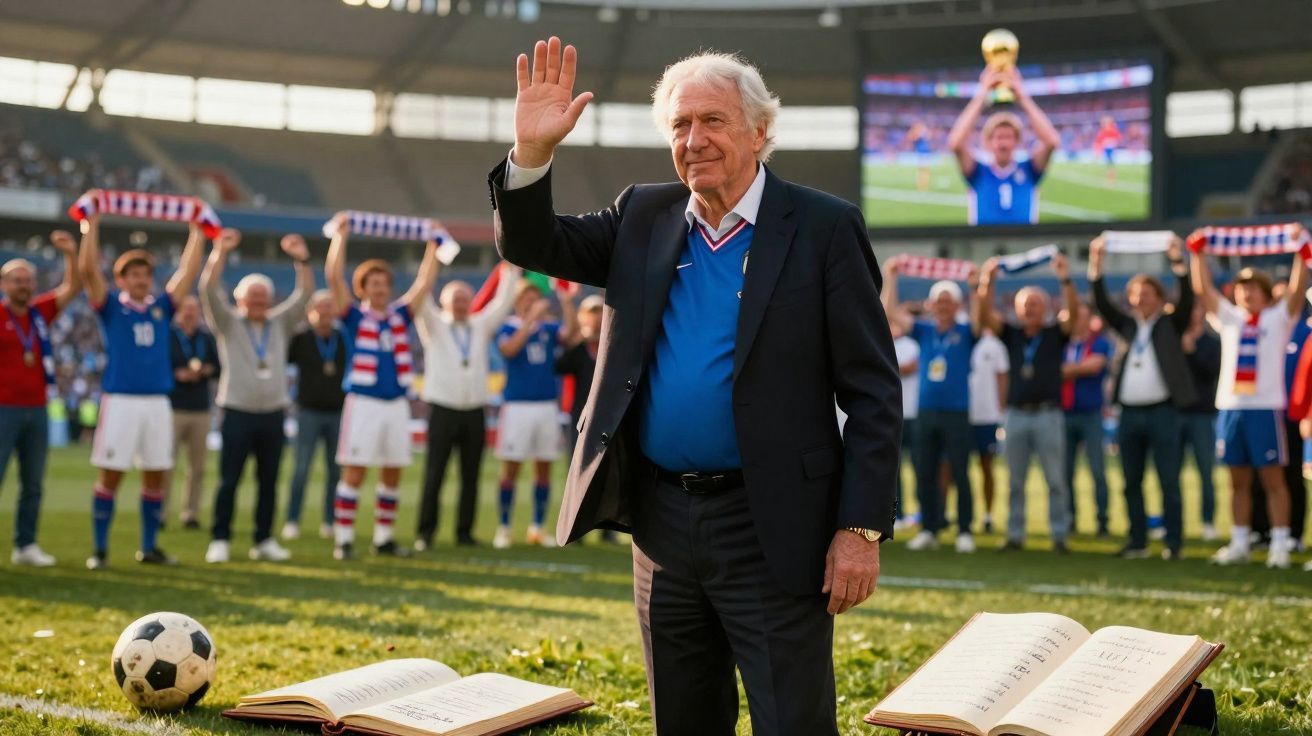 Homem idoso acenando em campo de futebol com grupo comemorando e livros abertos ao redor.