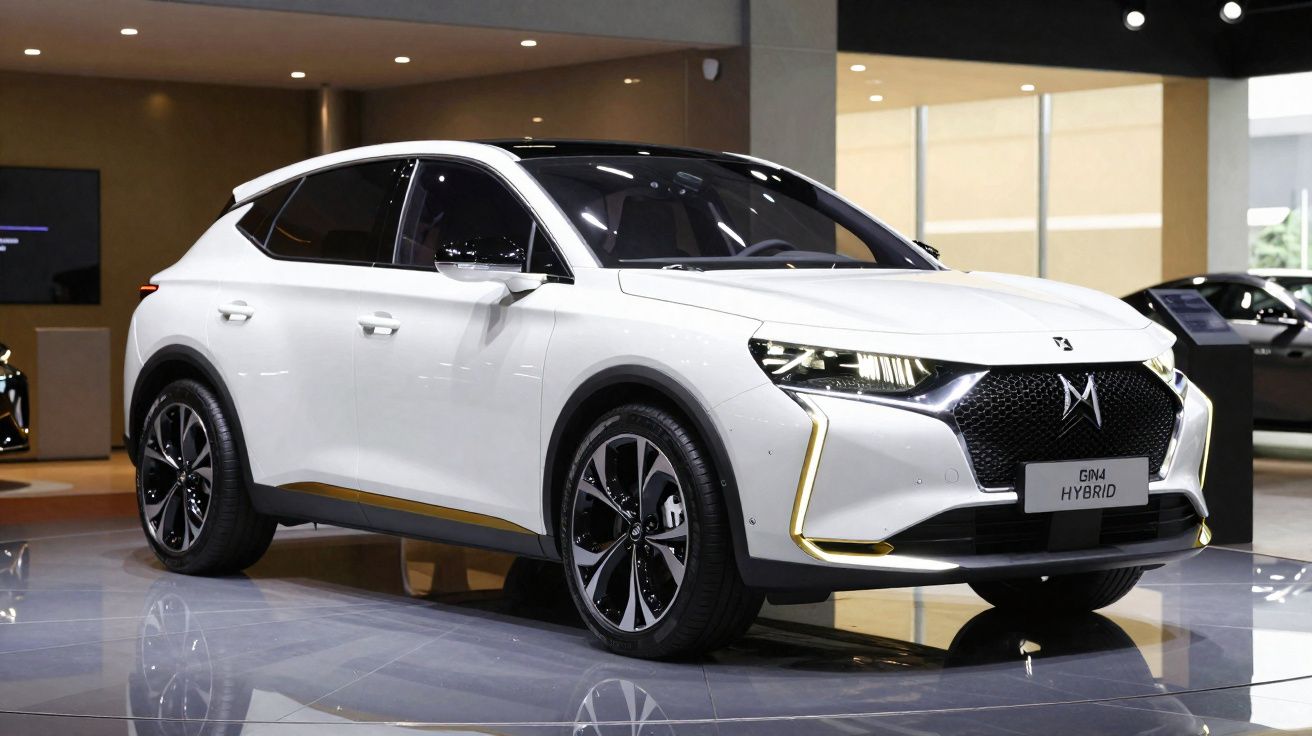 Carro branco híbrido moderno exposto em showroom com design aerodinâmico e detalhes em dourado.